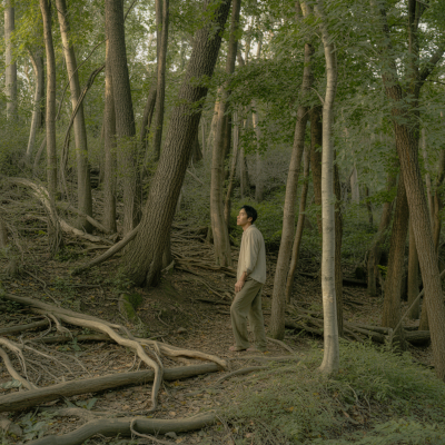 Ein Mann geht durch den Wald und praktiziert Naturselbsterfahrung